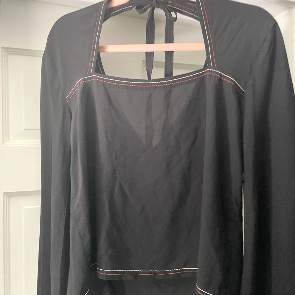 Madewell Black Silk Stitched V-Neck Tie Open Back Long Bell Sleeve Top Size M - Picture 5 of 14